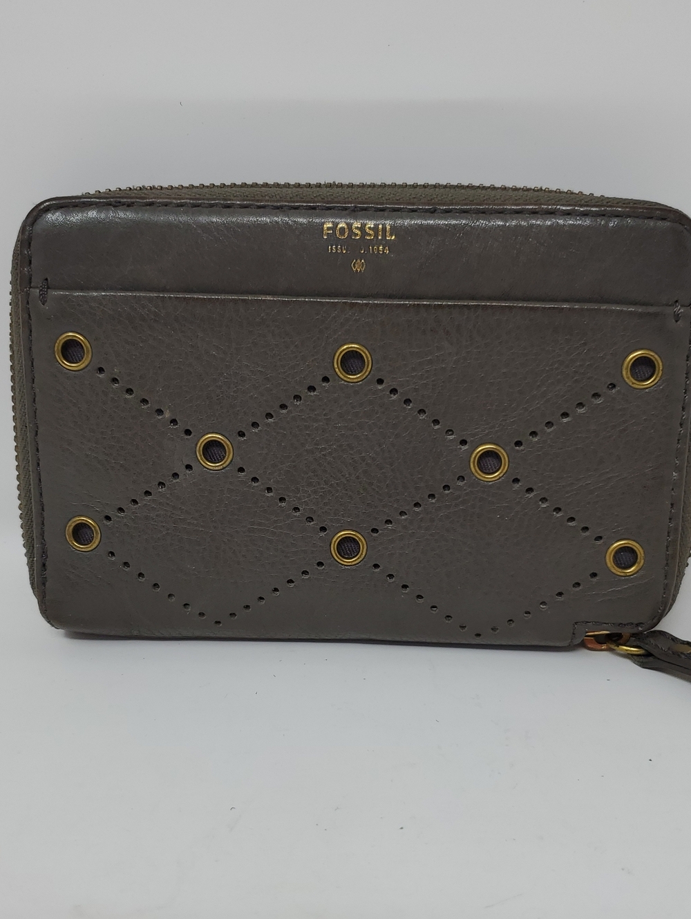 Fossil Dark Gray Leather Zip-Around Wallet with Gold Grommets